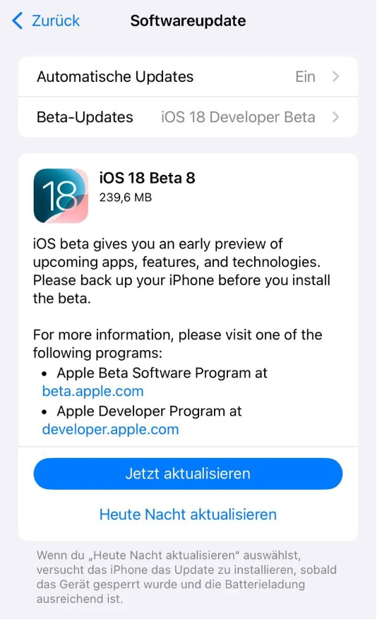 厚街镇苹果手机维修分享苹果 iOS / iPadOS 18 开发者预览版 Beta 8 发布 